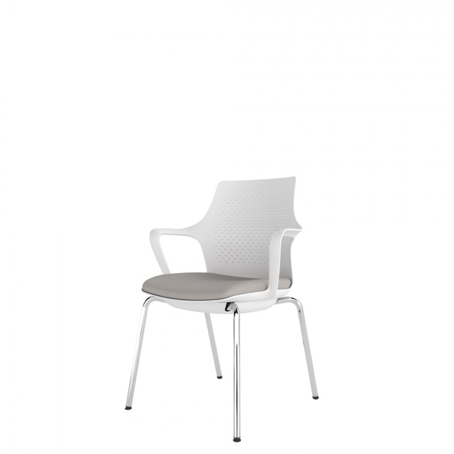White Perforated Back Chair With Integrated Arms, Upholstered Seat And Chrome 4 Leg Frame